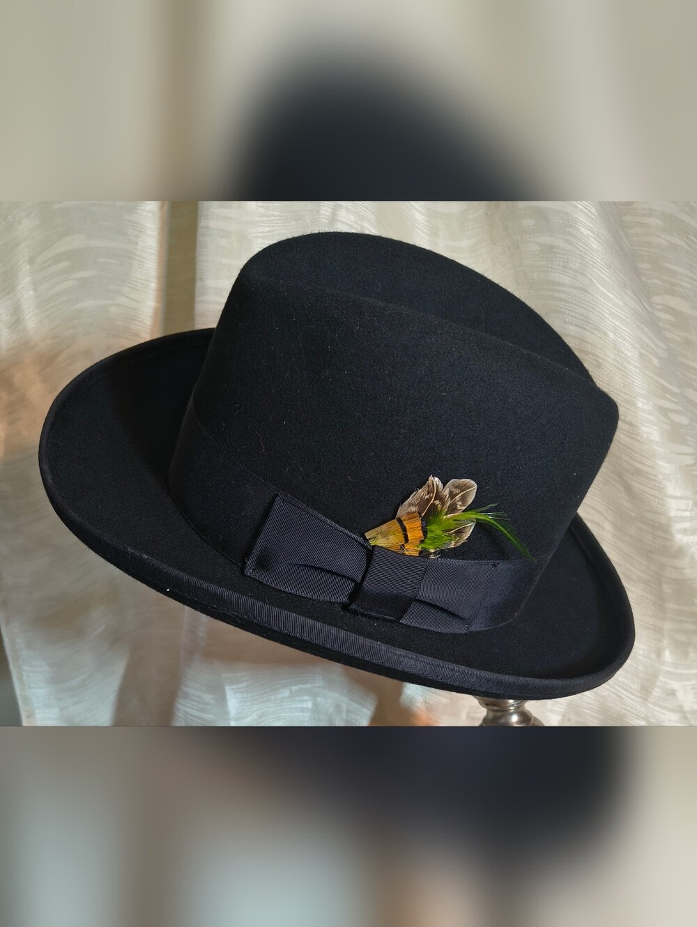 Black Wool Godfather Homburg with Feather Accent, Med. Excellent Condition